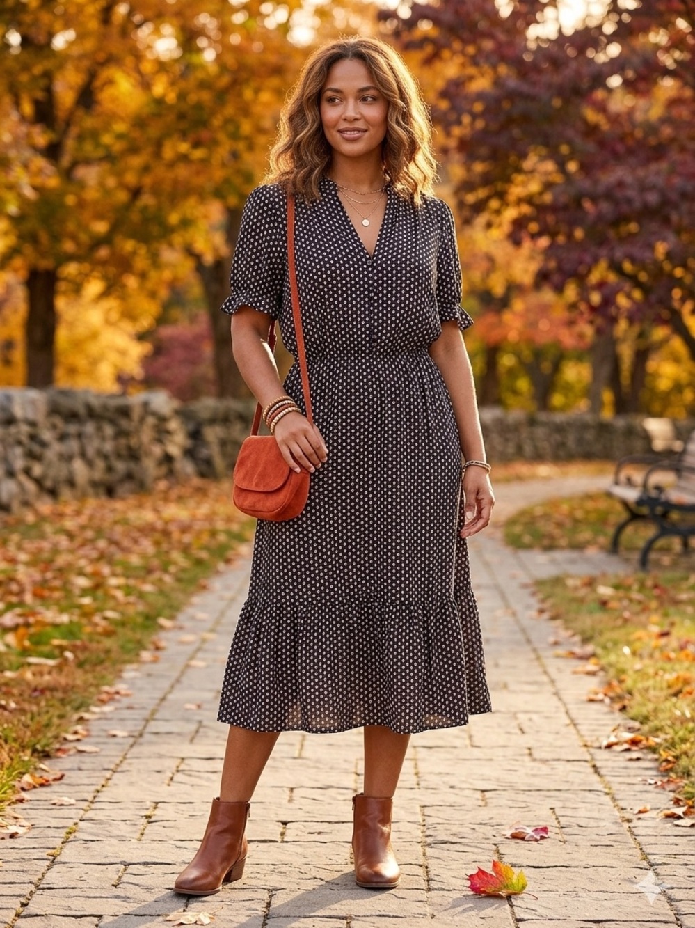 Black floral Midi Dress with Elastic Waist and Ruffle Hem